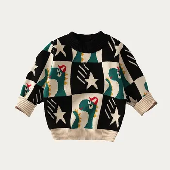 Осенне-зимний детский свитер для мальчиков, весенне-осенняя новая осенняя одежда для малышей, топ с динозавром, хлопковый трикотаж для мальчиков в стиле вестерн