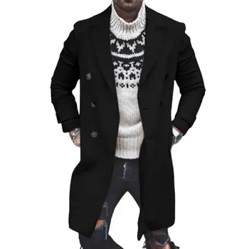 Мужская модная ветрозащитная верхняя одежда на пуговицах Шерстяное пальто Зимний мужской тренч однотонного цвета для работы