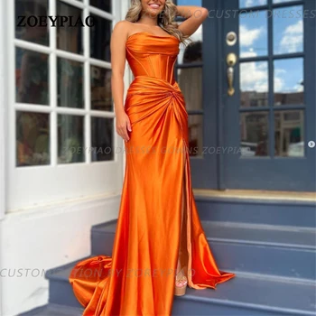 Оранжевые вечерние платья Длинный Атласный разрез сбоку Трапециевидной формы, длина до пола, без рукавов, V-образный вырез, вечерние платья для выпускного вечера, Выпускное женское платье