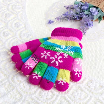 090E Осенне-зимние Детские двухслойные вязаные перчатки из цветной пряжи с утолщенным снежным принтом