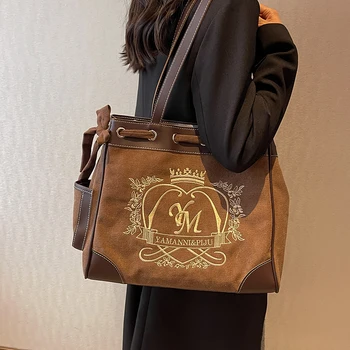 Y2K Женская винтажная ретро шикарная коричневая сумка с вышивкой, женские сумки-тоут для электронных девочек большой емкости, сумки для покупок для женщин