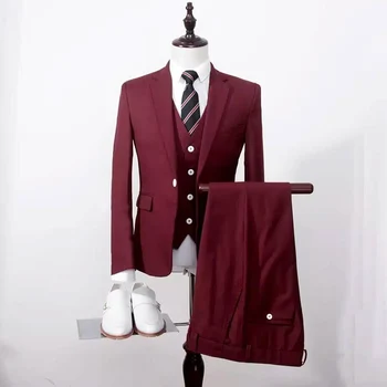 Бордовый Вечерний Вечерний мужской костюм, 3 предмета, зубчатый лацкан, Классический стиль, Свадебные Смокинги для жениха, куртка, Брюки, Жилет