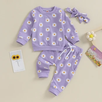 Осенние комплекты одежды для новорожденных девочек, свитшоты с цветочным принтом, круглым вырезом и длинными рукавами, брюки с эластичной резинкой на талии, Головные уборы, наряды