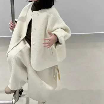 Осенний комплект для девочек в корейском стиле 2023, новая модная осенне-зимняя повседневная шерстяная куртка, широкие брюки, комплект из двух предметов