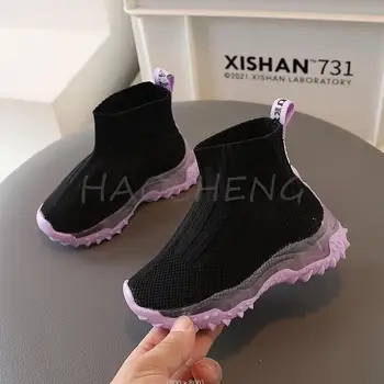 Детские ботинки, 3 цвета, вязаная обувь для девочек, Модные Сапоги принцессы на мягкой подошве, Черные дышащие Детские носки, Ботинки для малышей