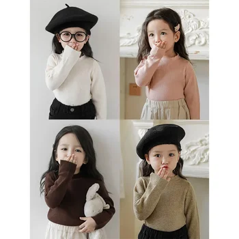Вязаные свитера для маленьких девочек в корейском стиле на весну и осень, однотонные рубашки в полоску, майки, детские топы, тройники