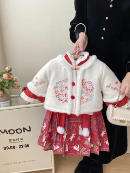 Новогодняя одежда для девочек, детский зимний костюм Hanfu в китайском стиле с юбкой в виде лошадиной морды, зимняя одежда для маленьких девочек на год
