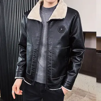 Молодежные кожаные куртки, модные Корейские приталенные плюшевые повседневные пальто из искусственной кожи, однотонная Мужская верхняя одежда на молнии с отложным воротником