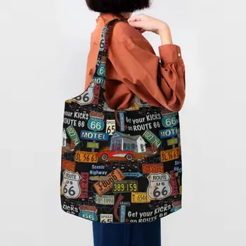 Винтажные сумки для покупок на America Road Route 66, сумки для бакалейных товаров, женские холщовые сумки через плечо, сумки большой вместимости