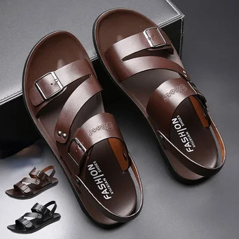 Модные удобные мужские сандалии, однотонные мужские кожаные сандалии с открытым носком, 2024 Новые пляжные тапочки для мужской кожаной обуви