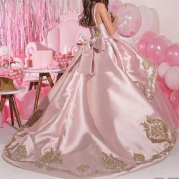 Платья для девочек-цветочниц Розовое Атласное платье с блестками и аппликацией, детские праздничные платья на бретельках для Первого причастия Принцессы