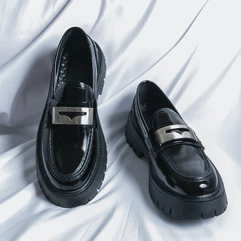 Черные мужские лоферы из лакированной кожи на платформе без застежки с круглым носком, однотонная деловая обувь класса люкс, Размер 38-45