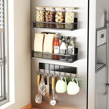 Магнитная подставка для специй для холодильника Кухонная стойка для хранения с крючком Держатель для бумажных полотенец Полка-органайзер для холодильника Сбоку