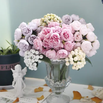 Роза, цветы розового пиона, шелковый букет из 27 головок роз, цветок для настольной вазы, цветы для домашнего свадебного украшения
