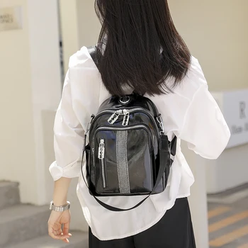Высококачественный женский рюкзак из мягкой кожи, Серебристые бриллианты, женская школьная сумка, индивидуальный дизайн на молнии, рюкзак для девочек на одно плечо