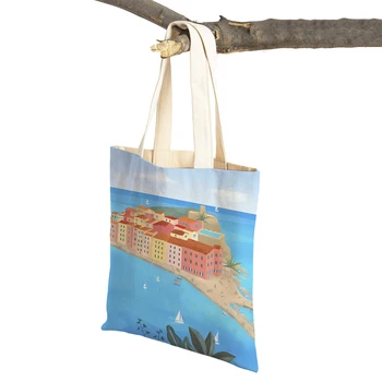 Многоразовые повседневные холщовые женские сумки для покупок с двойным принтом, Эгейское Море, Париж, Венеция, Кокосовая пальма, Марокко, сумка для покупок, женская сумочка