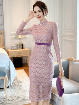 Новые Винтажные Фиолетовые Кружевные платья, женская одежда, Элегантная Прозрачная Сексуальная Обертка с длинным рукавом, облегающее платье Миди Vestido Fiesta