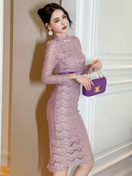 Новые Винтажные Фиолетовые Кружевные платья, женская одежда, Элегантная Прозрачная Сексуальная Обертка с длинным рукавом, облегающее платье Миди Vestido Fiesta