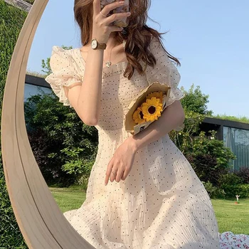 Летнее платье с цветочным дизайном 2021, Шифоновое Элегантное платье с коротким рукавом, Праздничное платье с квадратным воротником в Корейском стиле для женщин в горошек
