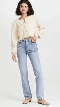 Женские джинсы с высокой талией, Светло-Голубые Неэластичные Прямые Джинсовые Брюки, Весна 2023 года
