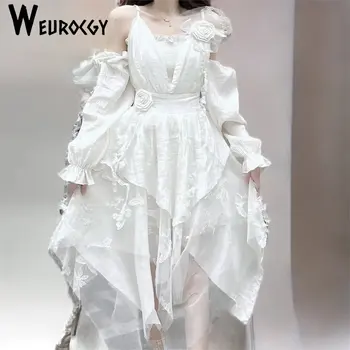 Женское платье 2023 Лето, новый стиль, Корейское издание, Винтажные вечерние платья с нерегулярным воротником в одно слово, с длинным рукавом принцессы, Тренд
