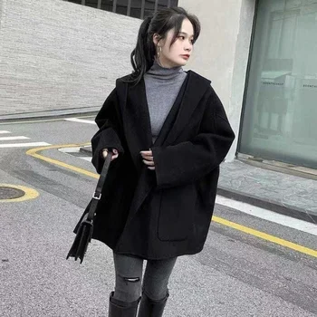 Женское пальто осень зима уличная одежда с капюшоном свободный плащ Карманы однотонное пальто Женские длинные шерстяные пальто Куртки Женская верхняя одежда