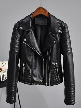 Куртка из искусственной кожи, женский отложной воротник, мотоциклетное черное пальто в стиле панк, женская верхняя одежда на молнии с заклепками