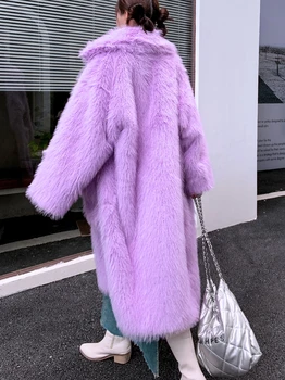 2023 Светло-фиолетовый длинный костюм свободного покроя из экологически чистого меха с воротником-лацканом и шубой, пальто с карманом из меха ягненка