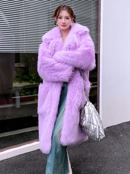 2023 Светло-фиолетовый длинный костюм свободного покроя из экологически чистого меха с воротником-лацканом и шубой, пальто с карманом из меха ягненка