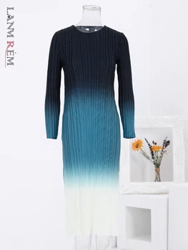 LANMREM Женское платье с градиентной складкой, круглый вырез, длинные рукава, облегающие платья, модная вечеринка 2024, Весенняя новая одежда 2Na571