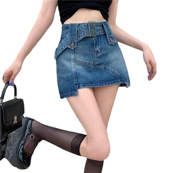 Джинсовая юбка Spicy Girl с завышенной талией, обтягивающая ягодицы, для женщин весной 2024 года, новый дизайн, тонкая Сексуальная асимметричная короткая юбка