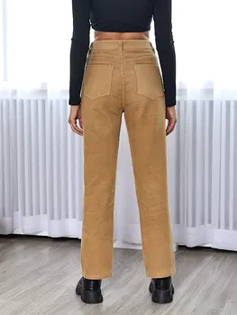 Женские вельветовые брюки, повседневные однотонные брюки с высокой талией и прямыми штанинами для уличной одежды, эстетичная одежда