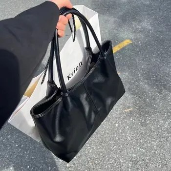Черно-белая сумка-тоут из искусственной кожи, модная сумка большой емкости, украшение нитками, сумка для ежедневных поездок на работу, студенческая сумка подмышками.