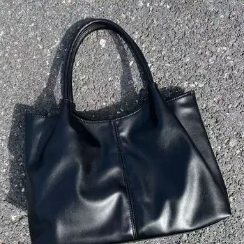 Черно-белая сумка-тоут из искусственной кожи, модная сумка большой емкости, украшение нитками, сумка для ежедневных поездок на работу, студенческая сумка подмышками.