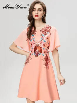 MoaaYina, Осеннее модное дизайнерское роскошное вечернее платье цвета Фуксии, Женское платье с расклешенными рукавами, вышивка пайетками, Тонкое длинное платье с высокой талией.