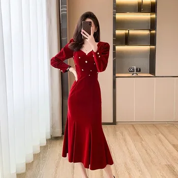 Высококачественное Осенне-зимнее красное бархатное вечернее платье Русалки, женское платье с V-образным вырезом, расшитое бисером, с длинным рукавом и оборками, облегающая одежда для вечеринок