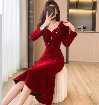 Высококачественное Осенне-зимнее красное бархатное вечернее платье Русалки, женское платье с V-образным вырезом, расшитое бисером, с длинным рукавом и оборками, облегающая одежда для вечеринок