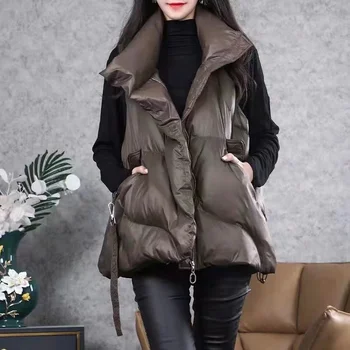 Новый женский Зимний Пуховый хлопчатобумажный жилет, свободная однотонная куртка без рукавов, пальто, женские теплые жилеты, осенний легкий жилет коричневого, черного цвета