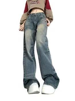 Женские джинсы с широкими штанинами в стиле Хай-стрит 90-х в американском ретро стиле Spicy Girl Blue Y2K, свободные джинсы с прямыми штанинами на ощупь.