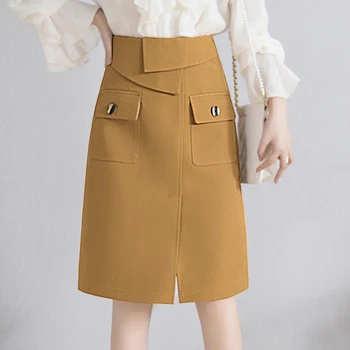 Женская новая весенне-осенняя юбка-трапеция средней длины с высокой талией и разрезом наполовину