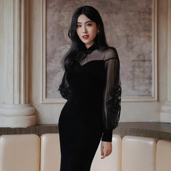 SIMEIZI Hanfu Toast Clothes Черное Сексуальное платье Женская одежда 2023 Новый Год Осень-зима Высококачественное Бархатное Платье Чонсам