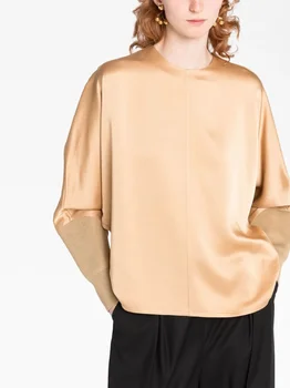 Рубашка женская 2024 Новая весенняя атласная лоскутная свободная блузка с круглым вырезом для пригородных поездок, однотонная блузка с длинным рукавом