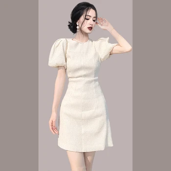 Летнее Корейское элегантное Тонкое платье с пышными рукавами высокого качества, Женское Роскошное Шикарное платье с круглым вырезом и коротким рукавом, Женское платье Vestido