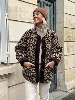 HH TRAF 2024, Зимние женские винтажные теплые свободные куртки с леопардовым принтом, женское плюшевое однобортное пальто с карманами, модная верхняя одежда