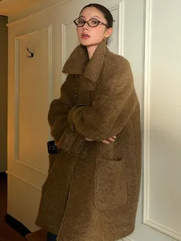 Осенне-зимнее шерстяное пальто Женское элегантное однотонное свободное утолщенное теплое пальто с лацканами и длинным рукавом, шикарная женская офисная верхняя одежда, куртки