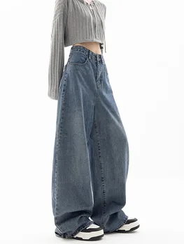 Шикарные синие джинсы с прямыми штанинами, женские джинсовые брюки-стрейч с высокой талией, мешковатые брюки Mom Jean, повседневные удобные брюки оверсайз