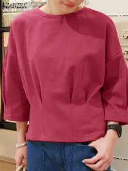 ZANZEA/ Осенние модные рабочие свитшоты OL, Женская повседневная праздничная блузка, пуловер с длинным рукавом и круглым вырезом, женская винтажная однотонная сорочка