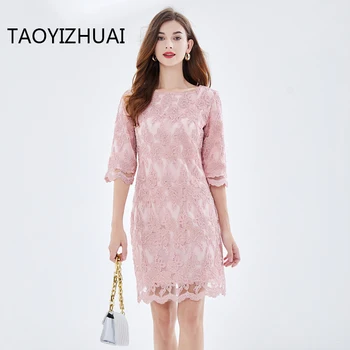 Бренд TAOYIZHUAI, непринужденное платье с вышивкой, Весенне-осеннее новое французское повседневное кружевное платье трапециевидной формы большого размера
