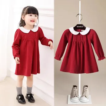 Осенне весеннее праздничное платье для маленьких девочек из хлопка с длинными рукавами и вышивкой на груди Красное детское платье принцессы Рождественская одежда для сестры