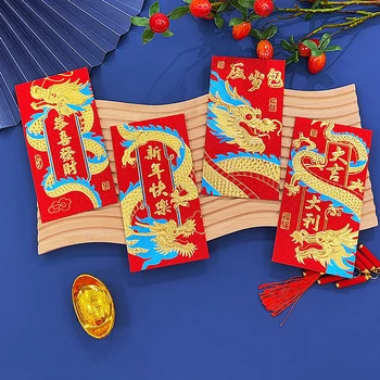 6шт красных конвертов на китайский Новый Год Для Весеннего фестиваля 2024 года, Года Дракона, Конверты для денег на удачу, Карман для денег на удачу